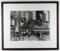 PATRICIA AITHIE charcoal - Cardiff Bay, signed, c. 2010, 35 x 46cms