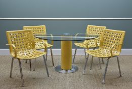 ITALIAN FASEM GLASS & STEEL TABLE, with leather wrapped column, 130cms d., and four dining chairs