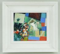 ROBIN BOYD acrylic - still Life with flowers and squares, signed, 14 x 16cms