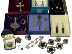 MODERN SILVER JEWELLERY - a collection to include four pendants on chains, six rings and four