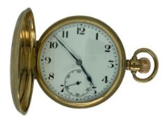 9CT GOLD CASED FULL HUNTER POCKET WATCH - manual wind with Arabic numerals and subsidiary seconds