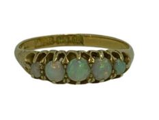 18CT GOLD 5 STONE OPAL RING, DATED 1886 - 2.2grms, size mid L-M