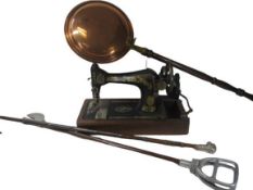 VINTAGE SINGER SEWING MACHINE, dog's head walking stick, shooting stick and a copper long handled
