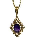 9CT GOLD AMETHYST SET VICTORIAN STYLE PENDANT NECKLACE - having a pierced hanging loop with textured