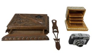 TREEN - carved Eastern desk stand, 9cms H, 35cms W, 23cms D, a maritime related love spoon, a