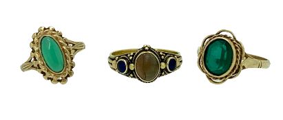 9CT GOLD DRESS RINGS (2) plus one other unmarked ring, each set with various colour stones, sizes R,