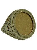 VICTORIAN FULL SOVEREIGN RING, 1899 - the ring having decorative openwork shoulders, stamped '9ct'