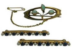 VICTORIAN BAR BROOCHES (3) - in 9 and 14ct gold, the 9ct Art Nouveau style set with three opals with