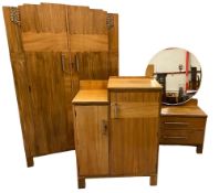 ART DECO WALNUT BEDROOM SUITE - three piece comprising double wardrobe, 187cms H, 118cms W, 47cms D,