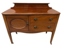 19th CENTURY MAHOGANY RAILBACK WASHSTAND with inlay detail on tapered supports, 94cms H, 105cms W,