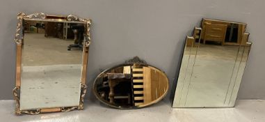 THREE MIRRORS - Art Deco selection including an oval metal framed, 63cms L and two others