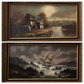 INDISTINCTLY SIGNED oil on canvas - riverside scene with buildings and church spire to the