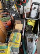 LARGE TOOL ASSORTMENT to include compressor, power washer, long handled Ryobi electric pruners,