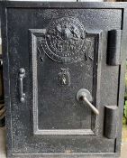 MILNER'S VINTAGE CAST IRON SAFE with key, 63cms H, 47cms W, 47cms D