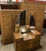 VINTAGE OAK BEDROOM FURNITURE, labelled Ray & Miles of Liverpool, linenfold and carved detail,