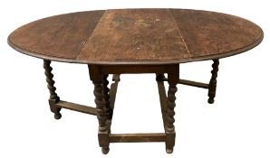 SUBSTANTIAL GATE LEG TABLE - period oak with barley twist supports, 74cms H, 167cms W (extended),