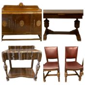 QUALITY OAK 1930's DINING SUITE comprising draw leaf dining table on bulbous pineapple supports,