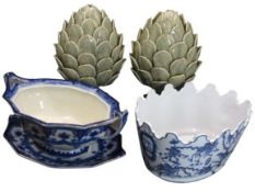 POTTERY CONE ORNAMENTS, A PAIR, Victorian flow blue vegetable dish on stand and a modern Chinese