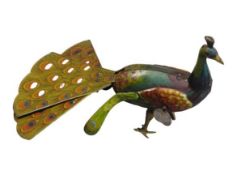 D.R.G.M GERMAN TIN PLATE CLOCKWORK MODEL OF A WALKING PEACOCK - 15.5cms H, 23cms L, in working order