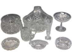 QUALITY CUT GLASS & OTHER ORNAMENTAL BOWLS & VASES - one in the form of a basket, 22cms H, 28cms