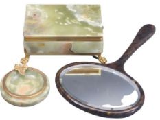 ONYX WARE - a neat oblong onyx and brass cigarette box with corner claw supports, a similar circular