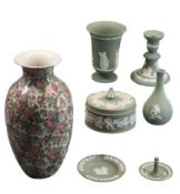 WEDGWOOD - 6 pieces of green Wedgwood Jasperware and a large Crown Ducal floral decorated baluster