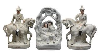 STAFFORDSHIRE POTTERY FLATBACK FIGURINES, A PAIR titled 'Wolseley & Roberts' depicting men on
