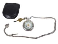 SWISS SILVER LADY'S KEY WIND FOB WATCH - with silver Albert, T bar and heart shaped compass fob, the