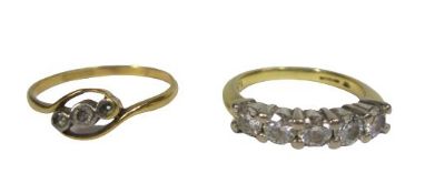 18CT GOLD DRESS RINGS (2) - one having a row of five synthetic diamonds, size mid M-N, stamped '