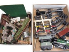 VINTAGE TIN PLATE CLOCKWORK TRAIN SET and a quantity of farmyard/garden layout accessories