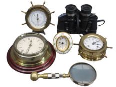 SCHATZ BRASS SHIP'S WHEEL, BELL CLOCK & SIMILAR BAROMETER, two further clocks, horn decorated