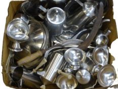 STAINLESS STEEL UTILITY & TABLEWARE, a mixed quantity along with a vintage hand scythe