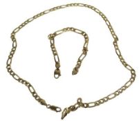 ITALIAN 9CT GOLD CUBAN FLAT FIGARO LINK NECKLACE & SIMILAR BRACELET - 52 and 20cm lengths, 37grms