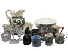 POTTERY TANKARDS, AIR TWIST STEM & OTHER GLASSWARE, large ceramic fruit bowl, wash jug and bowl,