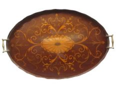 SHERATON STYLE INLAID MAHOGANY TWO-HANDLED TRAY - 59 x 39cms