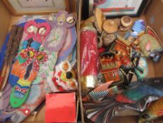 MIXED ORNAMENTAL GOODS, CHINESE PAINTED PAPER MOBILES, two carved wooden page turners, ETC, within 2