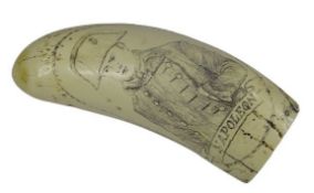 RESIN REPRODUCTION WHALE TOOTH - with scrimshaw style decoration of Napoleon and ship's cannon crew,