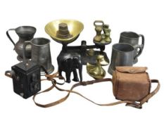 VINTAGE CAST IRON KITCHEN SCALES & WEIGHTS, pewter tankards and other collectables