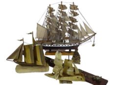 THREE MASTED MODEL OF A FULLY RIGGED SHIP, two further boat ornaments and a collection of various