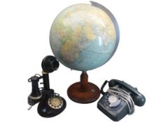 TELEPHONES - an old circular based 'microphone on stand' telephone, a conventional handheld