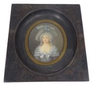 LATE 18TH CENTURY FRENCH PORTRAIT MINIATURE OF A LADY ON IVORY SLIP - wearing a large blue