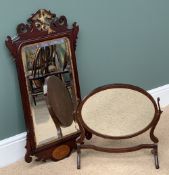 ANTIQUE MAHOGANY BEVELLED GLASS WALL MIRROR, gilt phoenix with shell inlay, 92 x 50cms and an