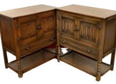 LINENFOLD HUTCH CUPBOARDS, two similar with base shelves and central drawers