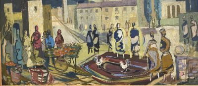 GEORGE HUTCHINS oil on board - figures in a market place with cockerels to the foreground, unsigned,