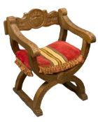 X FRAMED CARVED ELBOW CHAIR, 76cms H, 62cms W, 38cms D