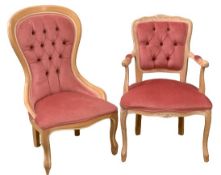 DECORATIVE SALON CHAIRS (2), both with button backs - a spoonback and an elbow chair