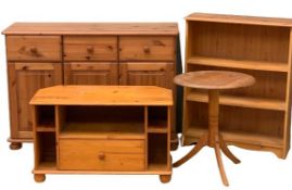 MODERN PINE ASSORTMENT including three drawer and three door sideboard, 82cms H, 117cms W, 43cms