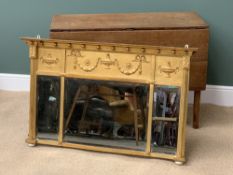 OVERMANTEL MIRROR - three section bevelled glass with gilt frame and garland embossed, 76 x 117cms