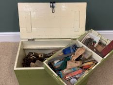 VINTAGE PINE TOOLBOX with iron handles, green painted with good quantity of tools, 34cms H, 65cms W,