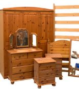 MODERN PINE BEDROOM FURNITURE to include triple wardrobe, 180cms H, 143cms W, 54cms D, chest of